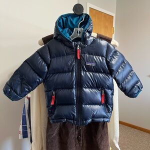 Patagonia Baby Hi-Loft Down Hoody Navy Puffer Jacket with Teal Lining
